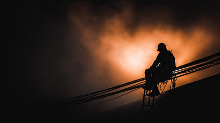 Silhouette of a worker seated on a small ladder, positioned high atop utility lines against a dramatic, orange-toned sky.  The image conveys a sense of focus on the worker and the environment.の素材