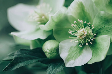 Exquisite close-up of a cluster of flower blossoms, showcasing detailed petals and intricate structures.  The soft pastel colors and smooth textures create a sense of beauty and tranquility.  The lush green foliage adds a complementary backdrop to the flowers, further highlighting the floral elements.の素材