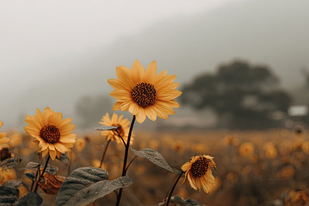 Close-up view of several sunflowers in a field. The flowers are a rich golden yellow color, and their petals are detailed. The field is in soft focus, and a light mist or fog is present.の素材
