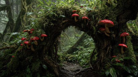 Lush forest archway framed by moss and vibrant red mushrooms.の素材