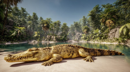 A golden reptile rests on a sandy beach in a lush tropical jungle.の素材