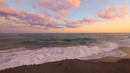 The image captures an ocean scene with waves breaking onto a sandy beach under a colorful sunset sky. The composition showcases shades of pink, orange, and blue. The scene is lit by the soft light of the setting sun. This image could be used for various commercial and editorial applications.の素材