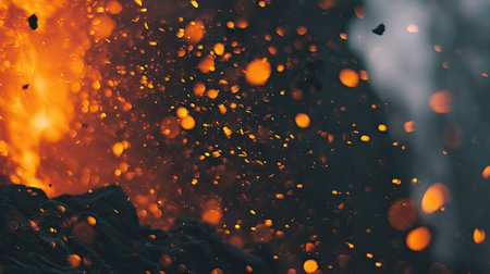 An abstract composition features a fiery explosion with numerous orange and yellow particles. The image showcases a dynamic interplay of light and shadow, with a dark background. This visual could be used for conceptual projects, presentations, or creative editorial content, evoking feelings of energy and destruction.の素材
