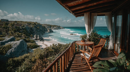 An inviting outdoor scene features a wooden balcony overlooking a turquoise ocean and sandy beach. A small table and chair sit on the balcony, inviting relaxation. The image employs natural lighting, highlighting the vibrant colors of the sky, water, and foliage, suitable for travel or lifestyle themes.の素材