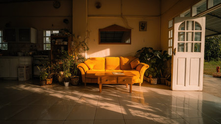 A vibrant yellow sofa sits in a warmly lit living room, bathed in natural sunlight. The scene features a wooden coffee table and an open door leading to an outdoor space. This interior composition shows a relaxed ambiance, suggesting potential use in home decor and lifestyle visual content.の素材