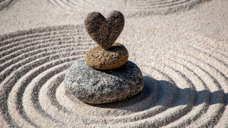 Three stones are artfully arranged atop sand, a heart-shaped object perched on the top. The image displays a balanced composition. The foreground is marked with concentric circular patterns. It showcases warm and cool tones, the scene evokes a sense of peace and contemplation. Suitable for various editorial and commercial applications.の素材