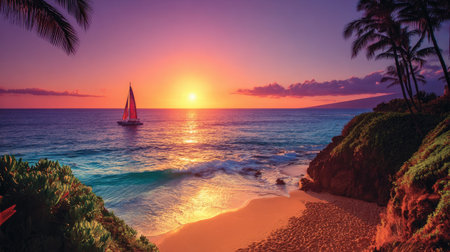A sailboat navigates ocean waters under a vibrant sunset. The composition features a beach with waves, palm trees, and a colorful sky. Warm hues blend, creating a visually appealing landscape. This image is suitable for travel, tourism, and background use.の素材