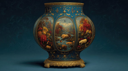 Highly detailed, antique-style decorative urn or vase crafted from blue ceramic, accented with gold trim and featuring embedded painted panels that depict pastoral scenes with various animals gathered near a body of water amidst brightly colored autumn foliage. The vessel sits centrally against a subtly textured, deep blue background.の素材
