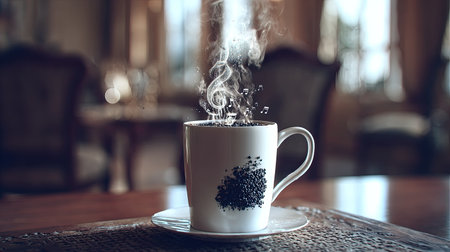 Shot focuses on a white ceramic mug resting on a matching saucer on a wooden surface, with steam visibly rising from the dark contents inside, creatively shaped into musical notation symbols, while small, dark granules form a pattern on the side of the mug, set against a softly blurred, warm interior background featuring indistinct furniture.の素材