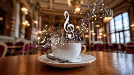 View of a white ceramic cup filled with a hot drink, producing visible steam from which ethereal, white outlines of musical staff lines, notes, and a prominent treble clef are emerging, suggesting a connection between the beverage and music. The cup sits on a matching saucer on a polished wooden surface, with the background showing a richly decorated, softly focused interior, possibly a grand dining hall or opulent cafe, featuring warm lighting and large windows.の素材