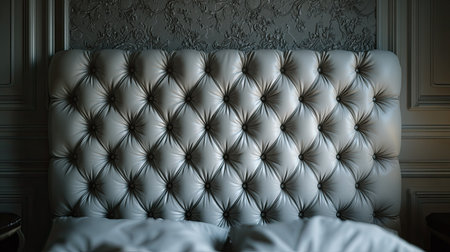 A close-up captures a large, tufted headboard, showcasing a pattern of diamond-shaped designs. The headboard's muted color contrasts with the neutral wall, evoking a sense of refined comfort. The scene has a soft focus on a blurred bed sheet, suggesting rest. This image could be used for lifestyle, interior design, or relaxation-themed projects.の素材
