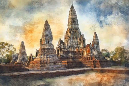 Watercolor of the ancient temples and historical site in Ayutthaya, Thailand --ar 3:2 --v 6.1 Job ID: 2d6fe07d-d908-4023-a6b1-5b80e90de136の素材