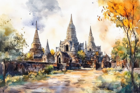 watercolor, landscape of the ancient city with temples in Ayutthaya Thailand --ar 3:2 --v 6.1 Job ID: 77418d67-73d1-4d6b-a844-048c835c77dbの素材
