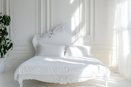 White French style bed with white can Out fit, White wall bedroom interior, Soft light and shadow, princess room with white bed, Vintage french baroque design furniture, wide shot, bright and airy, luxury, rococo elements, symmetrical composition, product photography, professional studio lighting, Canon EOS R5 camera, wide-angle lens --ar 3:2 --v 6.1 Job ID: fb6d99e2-e613-4894-b262-4e1746a10200の素材