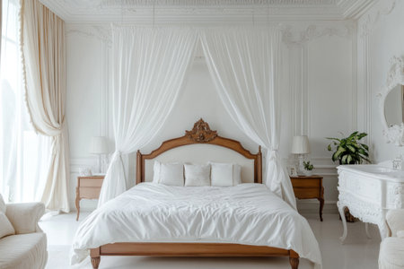 White bed with canopy in luxury bedroom interior, French style room with white walls and vintage furniture. --ar 3:2 --v 6.1 Job ID: 012eb9b7-5c5f-4eac-8212-df347dbbed81の素材