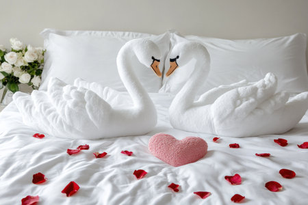 The bed is decorated with white linen and rose petals, creating an atmosphere of romance. Two large swans made from folded towels lie on the edge in front of them. A heart-shaped towel lies next to them. A bouquet stands nearby. The photo was taken using a Canon EOS R5 camera against a white background. --ar 3:2 --v 6.1 Job ID: f56d13c4-4290-44e3-9ab8-c7aa7072f78fの素材