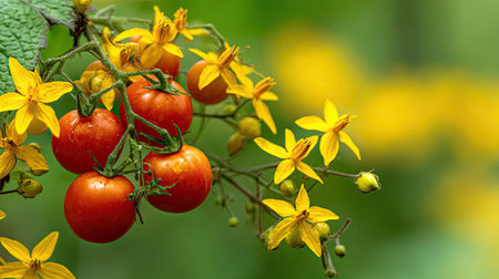 Cluster of juicy red tomatoes, glistening with moisture, are hung from stems amidst vibrant yellow flowers. The background features a soft, out-of-focus backdrop of greenery.の素材