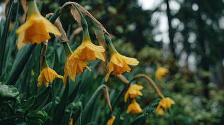 Close-up view of several daffodils with vibrant yellow blooms and green foliage, appearing slightly droopy and wet. The flowers are in sharp focus, while the background is somewhat blurred, emphasizing the flowers. Visible water droplets cling to the petals and leaves, suggesting a recent rainfall. The overall impression is one of a lush, springtime garden scene.の素材