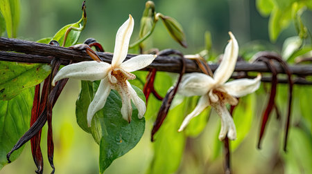 Detailed view of several delicate, white vanilla orchid blossoms hanging from a dark brown vine, along with the characteristic long, dark brown pods of the vanilla plant. Lush green leaves provide a backdrop to the scene.の素材