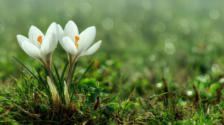 Close-up view of two white crocus flowers nestled among lush green grass and foliage. The flowers are in sharp focus, while the background displays a soft-focus effect of the surrounding greenery.の素材