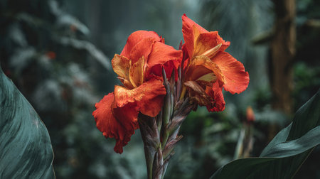 Two vibrant orange canna lilies in a garden setting, with a focus on the intricate details of their petals and the surrounding lush foliage. The image's soft lighting and deep colors create a visually appealing aesthetic.の素材