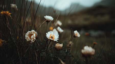 Close-up view of various light beige and white flowers in a field with tall grasses and blurred background. The image highlights the intricate details of the flowers and the gentle tones of the surrounding natural environment.の素材