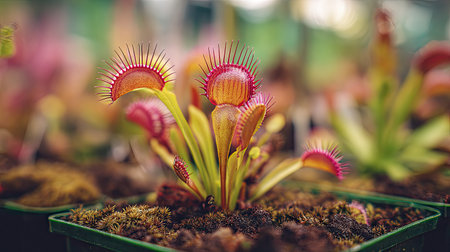 Several Venus flytrap plants in small pots, showcasing their vibrant pink and orange hues, and intricate details of the trapping mechanisms. The plants are in focus, while the background is slightly blurred, highlighting the plants against a slightly out of focus background of other plants.の素材