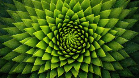 Detailed close-up image of a plant's leaves exhibiting a striking spiral and symmetrical pattern. The image showcases the intricate texture and arrangement of the leaves, creating a visually appealing composition.  The vibrant green tones of the leaves are prominent.の素材