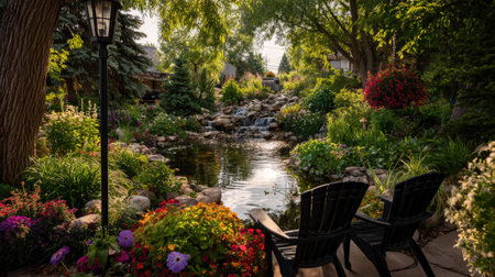 Meticulously maintained garden boasts a serene water feature with a cascading waterfall into a pond.  Colorful flowers and shrubs create a vibrant display, complemented by comfortable outdoor seating.  A lamp post adds a touch of elegance to the tranquil scene.の素材