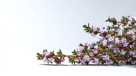 Collection of thyme sprigs, featuring small, light purple flowers and green leaves, presented against a plain white backdrop.  The sprigs are arranged in a diagonal composition, highlighting the intricate details of the blooms and leaves.の素材