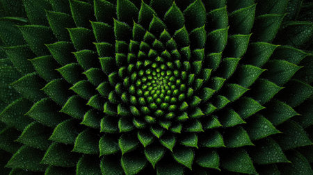 Detailed close-up view of a spiral-shaped succulent plant with numerous overlapping, textured leaves. Water droplets are visible on the leaves, enhancing the intricate patterns. The image exhibits a strong sense of symmetry and geometric beauty.の素材