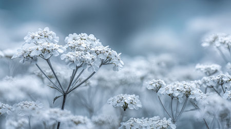 Close-up of a cluster of small, white flowers, with a soft, light-blue background. The flowers are in sharp focus, while the background is gently blurred, creating a bokeh effect. The overall impression is one of serenity and beauty.  The soft light enhances the delicate texture of the flowers and petals. The image evokes a feeling of tranquility and peacefulness.の素材