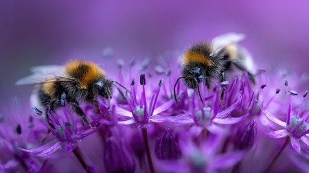 Detailed close-up of a bumble bee delicately feeding on the nectar of a cluster of vibrant purple flowers. The image showcases the intricate details of the bee's fuzzy body, delicate wings, and the delicate structure of the flower.の素材