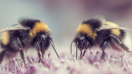Two bumblebees are positioned on a cluster of small, purple flowers.  The bumblebees are in sharp focus, while the background is slightly blurred. The image is a close-up view, emphasizing the intricate details of the bumblebees' furry bodies and their interaction with the flowers.  The focus on the subject makes the image stand out.の素材
