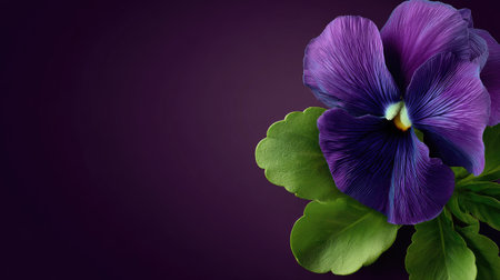 Detailed close-up of a vibrant purple pansy flower against a deep purple background. The flower is in sharp focus with visible textures in its petals, and the surrounding leaves are in a complementary green shade.の素材