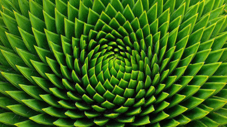 Close-up image of a succulent plant's leaves arranged in a striking spiral pattern. The vibrant green color and intricate geometric design create a visually appealing image.  The image focuses on the detailed texture and structure of the leaves.の素材