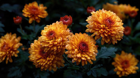 Close-up view of several clusters of chrysanthemum flowers in various stages of bloom. The flowers are a rich orange-red color, with intricate details of petals and centers. The flowers are set against a dark, out-of-focus background of greenery, emphasizing the flowers' vibrancy.の素材