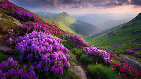 Picturesque valley nestled between mountain ranges, showcasing an abundant display of vibrant purple rhododendrons in full bloom.  The lush green foliage and rocky terrain create a beautiful and serene natural scene.の素材