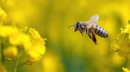 Honeybee soars through a field of bright yellow flowers, capturing the beauty of the natural world.  The flowers are in sharp focus, with the bee in focus as it is the central subject.  The background features a soft blur of more flowers, showcasing the depth of field and the vibrant colors of a spring or summer day.の素材