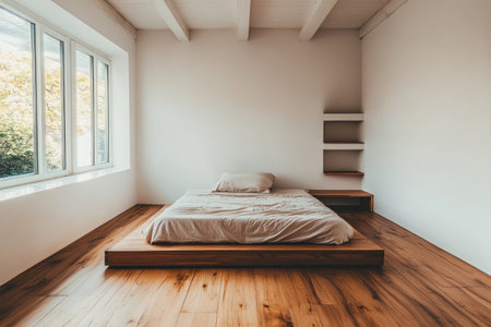 A bedroom with wooden floors, white walls, and an open shelf on the wall behind the bed is an empty, modern-style space. The wide-angle lens captures a clean composition of a minimalist design that highlights natural light. It creates an atmosphere of tranquility in a spacious room with natural wood tones and soft lighting. There is no furniture or decorations, creating a calm environment. --ar 3:2 --v 6.1 Job ID: 8539f1cf-9ebd-48dd-b3d2-918cffd495e6の素材