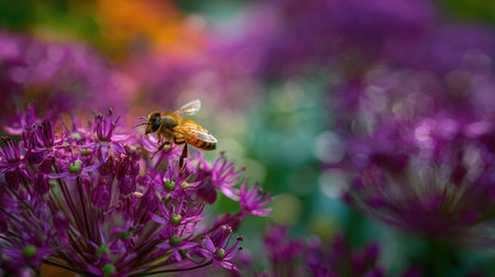 Honeybee hovers over a cluster of vibrant purple flowers.  The focus is on the bee and the flowers in the immediate foreground, while the background is softly blurred.  The image captures the delicate details of the flower petals and the bee's delicate wings.の素材