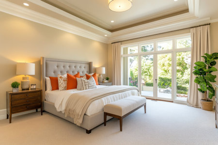 A large, spacious bedroom with beige carpet and cream walls, featuring an elegant gray bed frame adorned with orange and white pillows. The room includes two small side tables with lamps on each end of the headboard, a wooden bedside table near one wall, a double indoor plant in front of another window, and a floor-to-ceiling door leading to the outdoors. A ceiling light hangs above it all, adding warm lighting to create a cozy atmosphere. --ar 3:2 --v 6.1 Job ID: fc5f8104-f3ce-44ad-b4a8-327c9332617dの素材