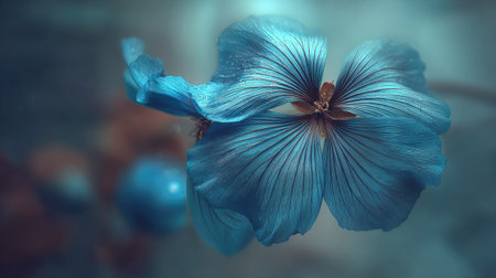 Detailed close-up image of a vibrant blue flower, showcasing the intricate textures and delicate petals. The soft lighting and shallow depth of field highlight the flower's beauty. The background is blurred, directing attention to the central subject.の素材