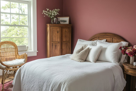 A bedroom with walls painted in a rich rose pink, creating an inviting and cozy atmosphere. The room includes white bedding on the bed, soft pillows, a wooden nightstand beside it, a small round table decorated with flowers nearby, and a rattan chair placed near one wall for reading or relaxing. There's also another smaller cabinet by the window, adding to the chic decor. A warm and romantic vibe is created by the color of the walls. --ar 3:2 --v 6.1 Job ID: 88deb45f-b10e-4716-b04f-b25392c20f41の素材