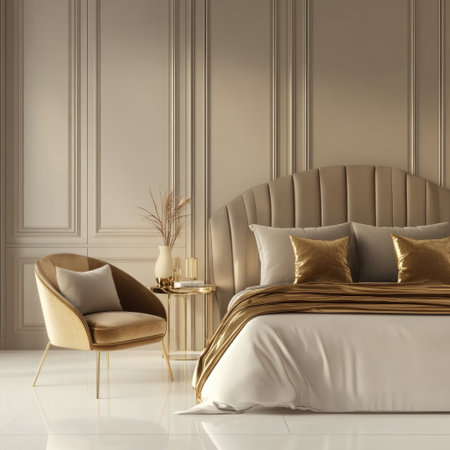 3D rendering of a luxury bedroom with a bed, chair, and side table. The color scheme is gold with beige wall paneling. In the center is an elegant headboard with satin fabric, gold silk pillows, and a throw blanket. A modern golden lamp stands beside the bedside table. The room has a minimalist interior design style. The white floor, clean lines, straight angles, neutral tones, elegant decor, and soft lighting create a luxurious atmosphere. --v 6.1 Job ID: 46024d75-e976-4656-ac95-62fca0baaf47の素材