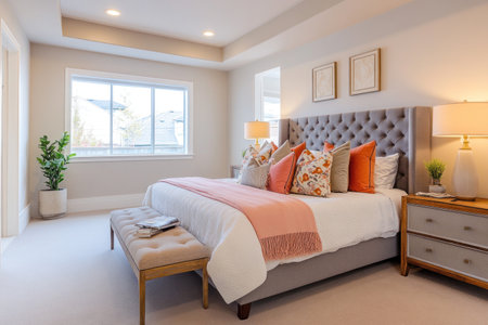 A large, spacious bedroom with beige carpet and white walls, featuring an elegant gray bed with multiple pillows in various colors, including orange and pink accents. The room includes two side tables on each end of the headboard that have lamps and nightstands. A wooden bench sits at one edge near the window. There is also a small plant standing beside the door frame. The lighting appears to be soft and warm from the ceiling lights above the bed. The floor looks clean and well-maintained. --ar 3:2 --v 6.1 Job ID: 70b3fdb6-8c72-4f92-8055-4f163b7b98e8の素材