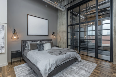 The interior of an industrial-style bedroom with black metal-framed windows, gray walls, and wooden floors is captured in a photo taken from the front angle. The bed has gray bedding, and there is a carpet on the floor, with concrete walls visible behind it. A large, blank picture frame hangs above the headboard. On one side, you can see open glass doors leading to another room. --ar 3:2 --v 6.1 Job ID: c53d852a-0773-466a-a455-b3a9b90b6335の素材