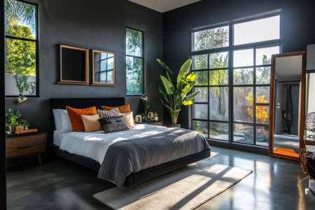 A dark gray concrete bedroom with large windows, industrial-style furniture and decor, a black bed frame, gray walls, modern mirrors, a small closet on the right side of the room, a floor-to-ceiling window in one wall with sunlight shining through it, concrete floors, and boho-themed plants. --ar 3:2 --v 6.1 Job ID: 1aa2876f-ae36-4122-b04b-63c83922e759の素材