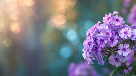 Close-up view of a vibrant cluster of purple phlox flowers in a garden setting.  The flowers are in sharp focus, while the background is softly blurred, showcasing a bokeh effect with pastel colors of yellow and teal-blue.の素材