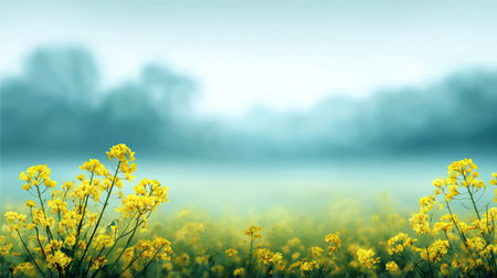Serene, panoramic view of a field covered with vibrant yellow flowers, with a hazy, misty background of teal-toned trees and sky. The focus is on the foreground flowers with a gentle bokeh effect on the background.の素材